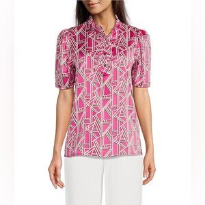 Karl Lagerfeld Ruffle Neckline Short Sleeve Blouse Printed